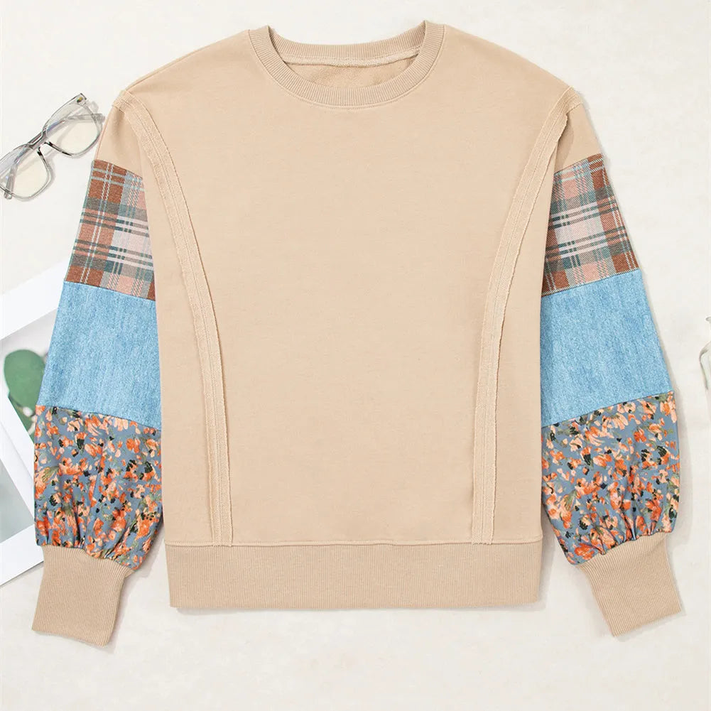 Women's plaid patterned long-sleeved casual top in apricot colour with striped design elements