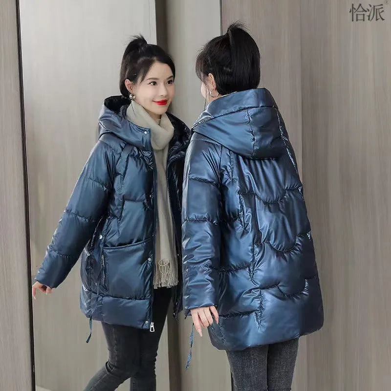Women's loose thick hooded winter jacket in acrylic fabric, shown in black, blue, champagne, or green.