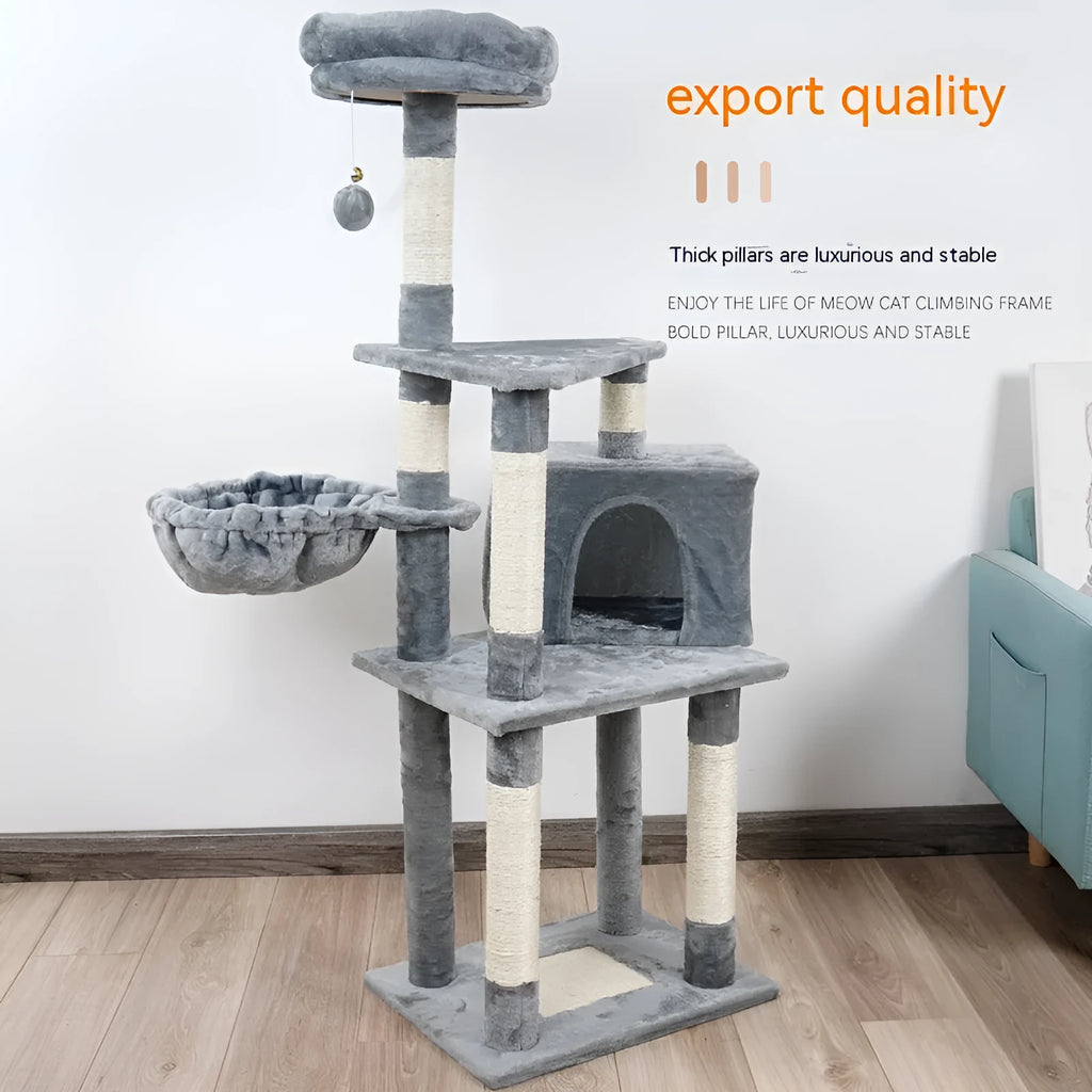 Multi-layer wooden cat climbing frame with chamfered edges, 47x37x133 cm, in beige plush finish