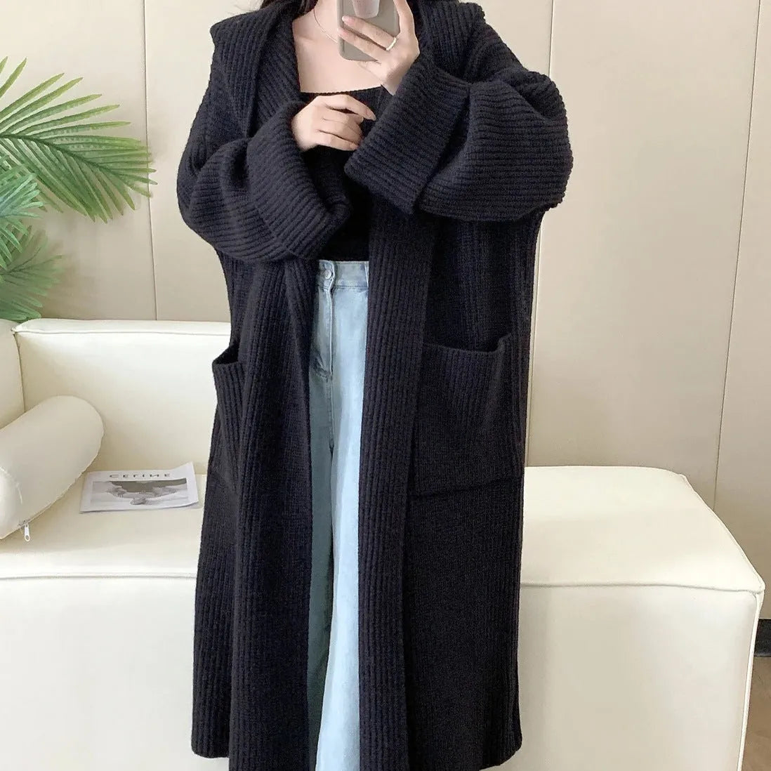 Women's loose hooded acrylic cardigan coat with raglan sleeves in milky white colour