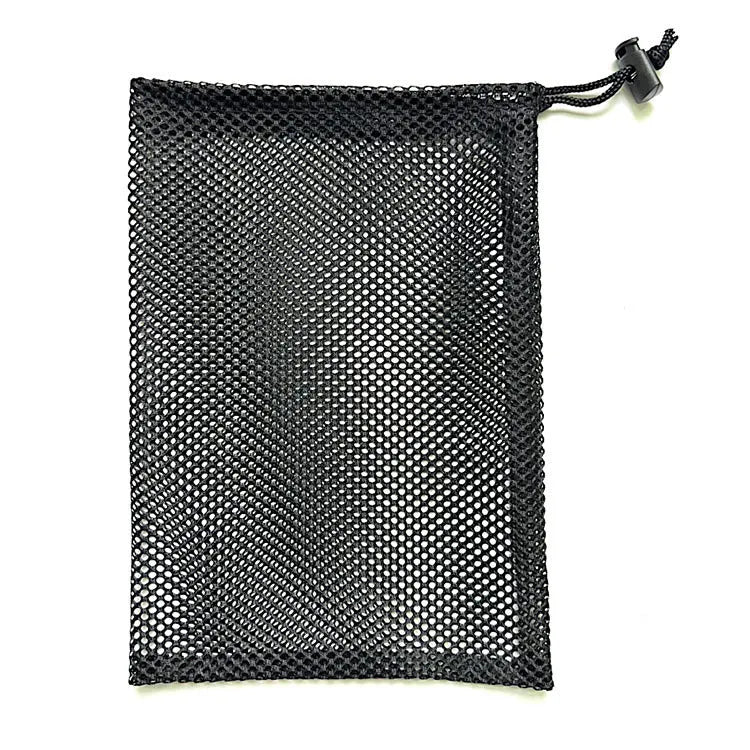 Black mesh drawstring storage bag for children's water ball toys showing three size options