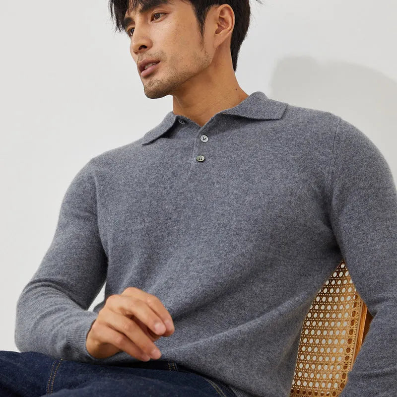 Men's cashmere polo collar pullover sweater in loose fit, shown in sapphire blue colour