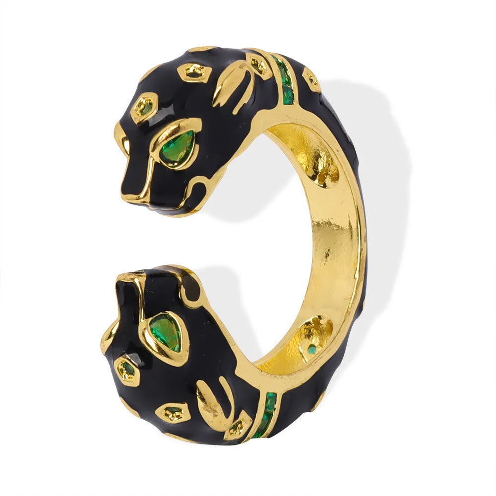 Women's geometric copper ring with electroplated black cheetah pattern design