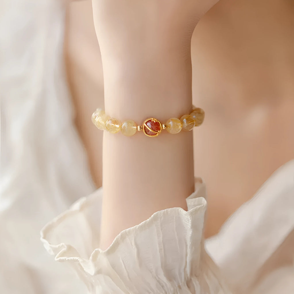 Citrine natural crystal bracelet with gold rutilated quartz beads in diamond cut