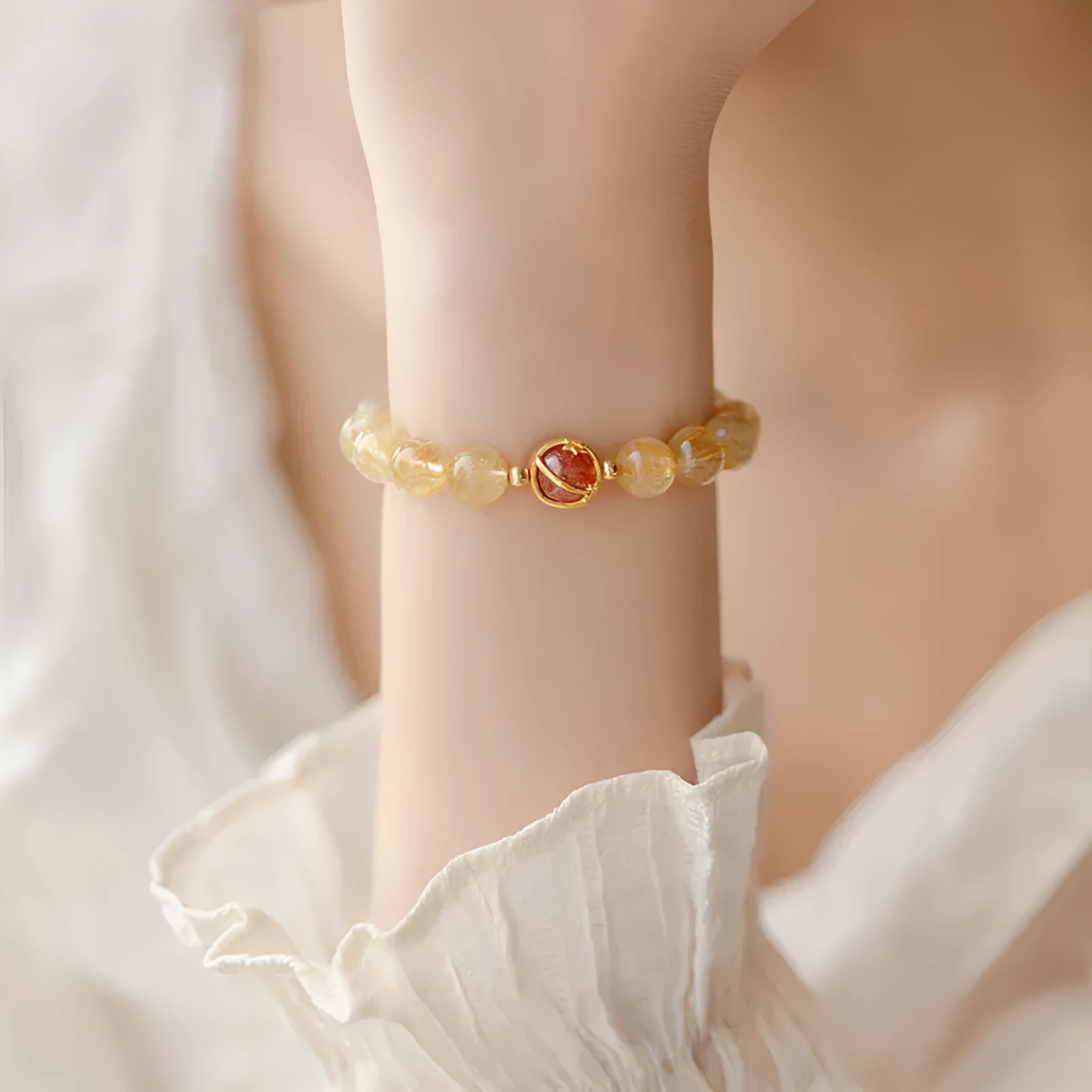 Citrine natural crystal bracelet with gold rutilated quartz beads in diamond cut