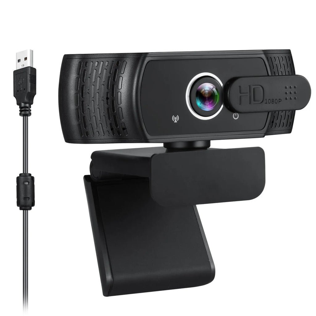 Black USB webcam with built-in microphone and universal clip for computer video calls