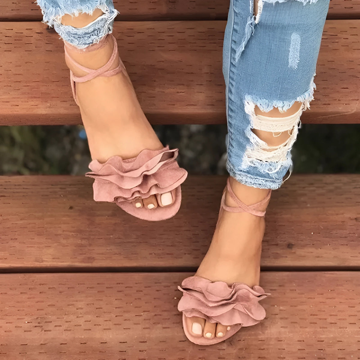 Fashion plus size flower flat sandals for ladies in suede with ankle strap and flat heel