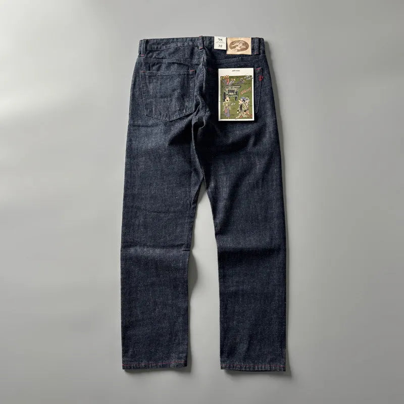 Men's primary colour straight leg denim jeans with American retro styling on a mid waist