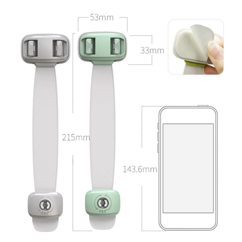 Adjustable child safety cabinet lock with strap and 3M adhesive backing