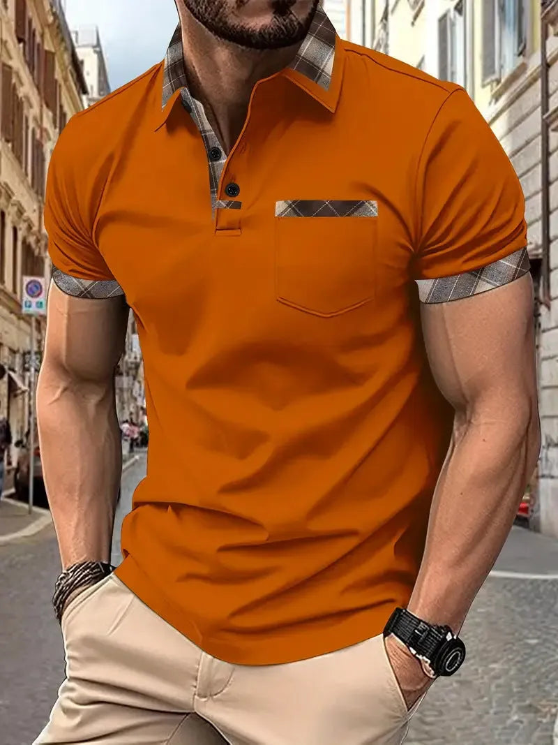 Men's plaid colourblock t-shirt with zipper decorations on polyester fabric in multiple colours