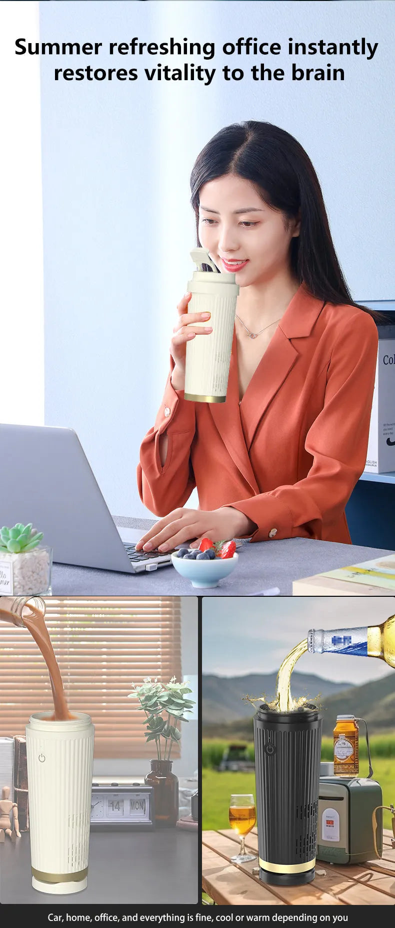 Smart heating and cooling cup in black plastic with white interior and 12V car plug