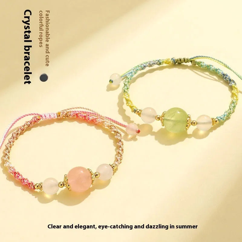 Hand-woven women's couple bracelet with gemstone beads and white agate straps in diamond pattern