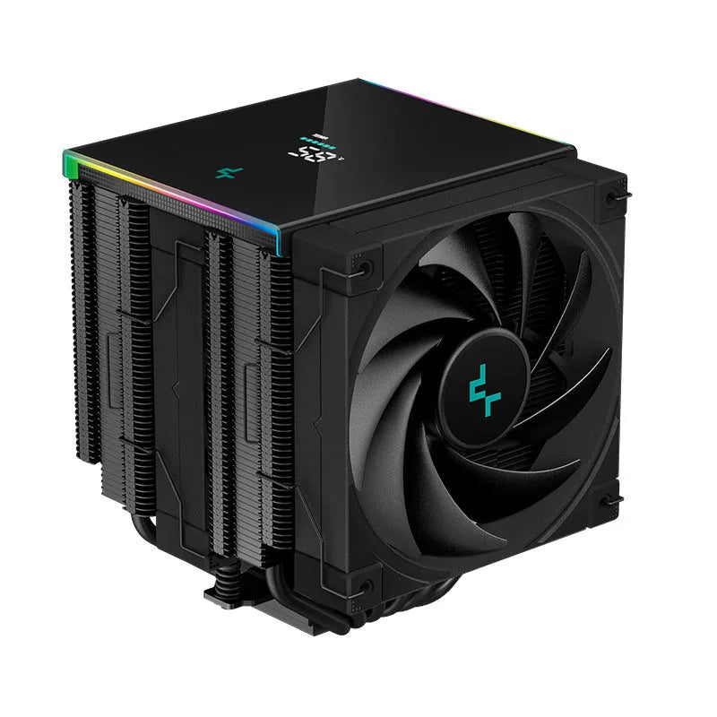 Twin tower air-cooled CPU heat sink with digital display, copper aluminium construction, 129x138x162mm, black colour