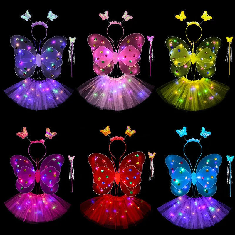 Creative glowing butterfly wings 4-piece set with luminous double-layer wings in pink colour