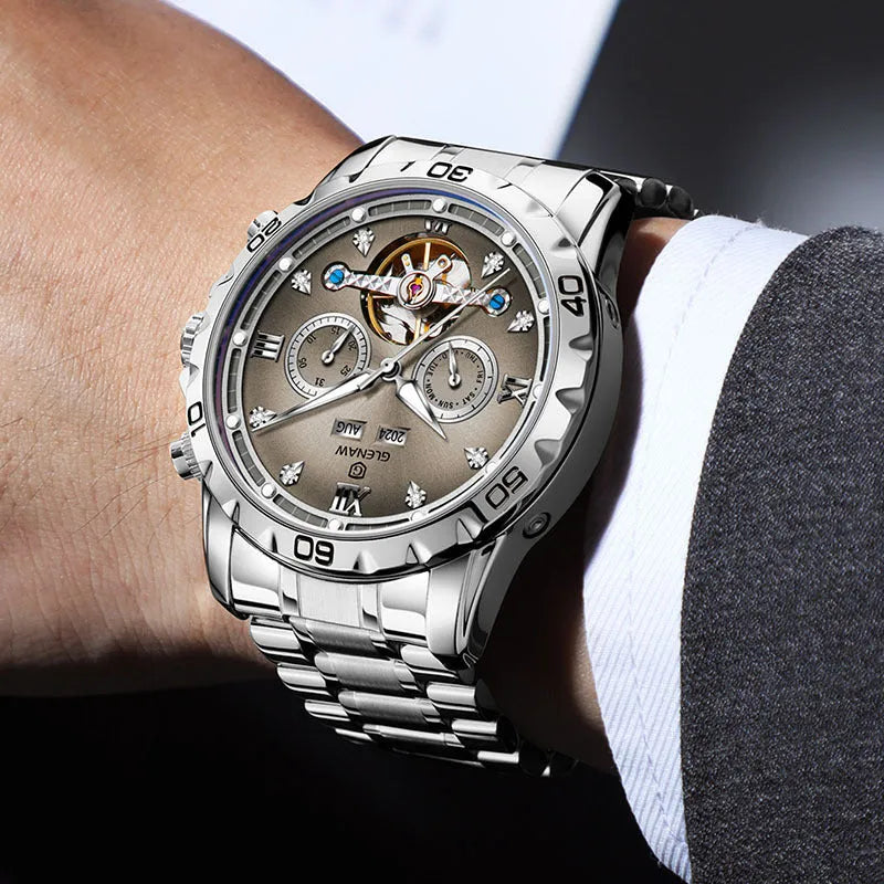 Men's automatic mechanical watch with stainless steel strap and metal case, mineral glass mirror, business style, silver face