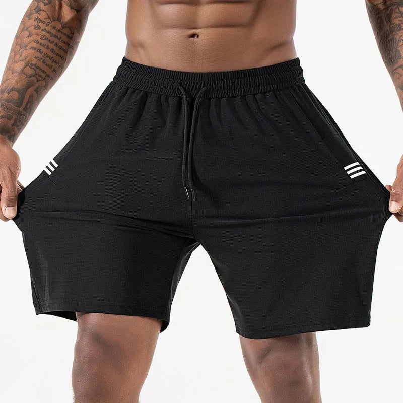 Men's black ice silk quick-dry sports shorts with a drawstring high waist, shown in a size XL.