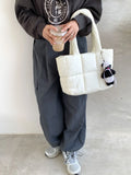 Large capacity plaid Oxford cloth one-shoulder tote bag in black with visible sewing lines