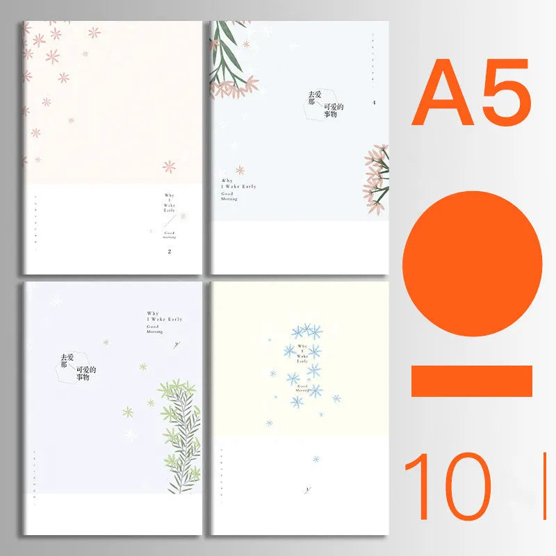 Pack of ten thread-bound A5 and B5 softcover notebooks showing multiple design styles including kraft paper and illustrated covers.