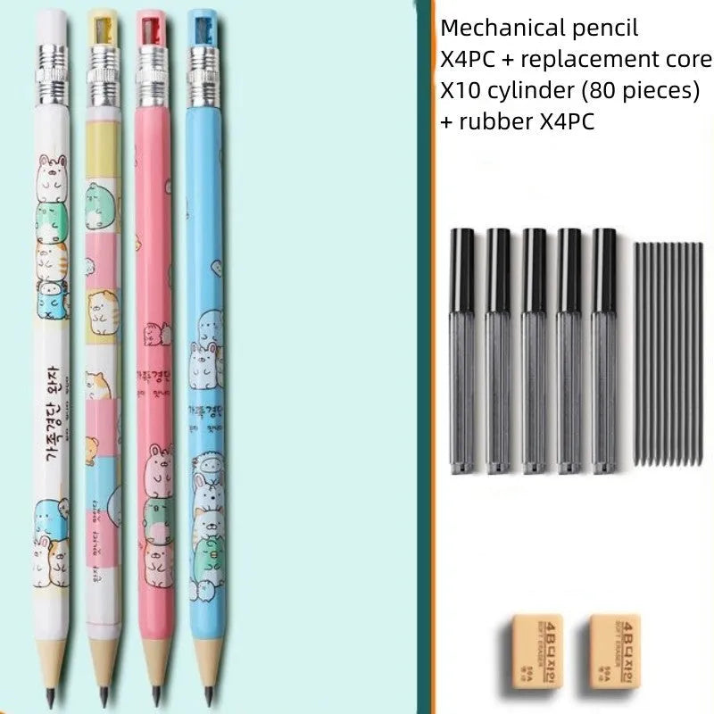 Set of colourful cartoon-style children's mechanical pencils with 2.0mm leads and separate rubber erasers.