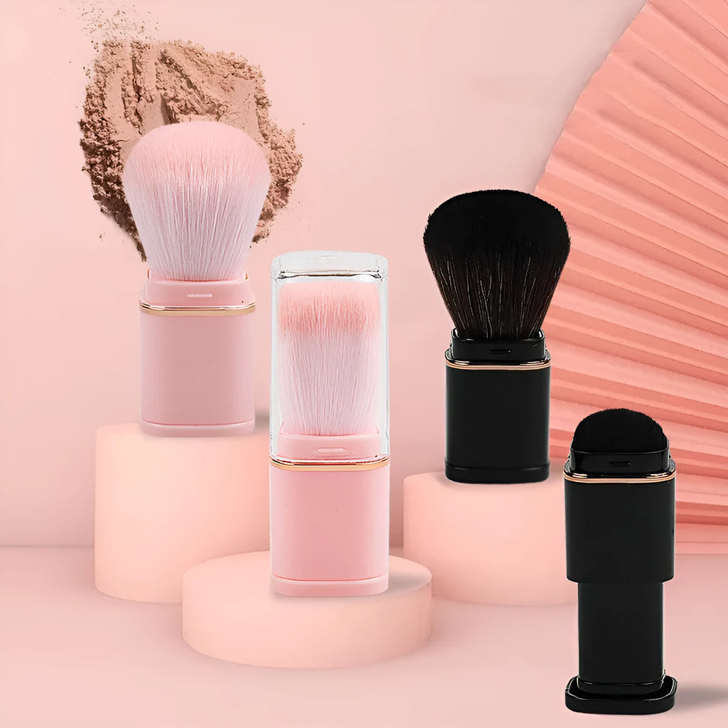 Retractable powder blusher brush with artificial fibre bristles and plastic telescopic handle, 7cm total length