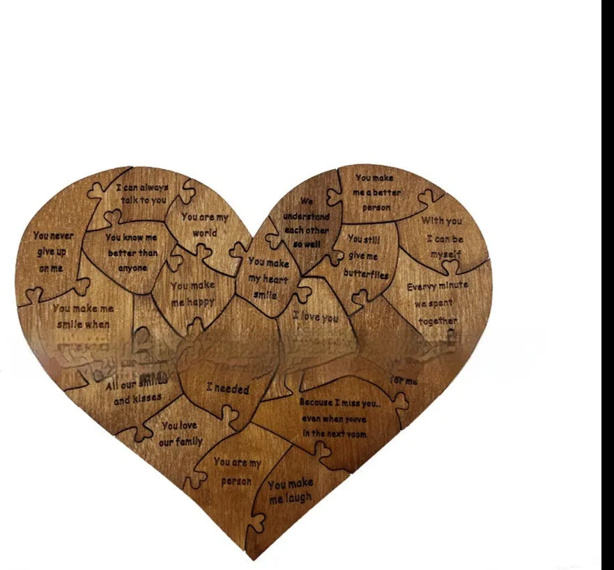 Reasons Why I Love You wooden heart puzzle with light brown colour and 20 love messages