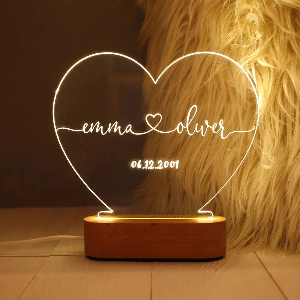 Personalised acrylic night light displaying custom text with USB cable, dimensions 20cm by 11.5cm