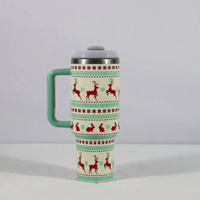 Christmas pattern stainless steel vacuum tumbler with handle, lid and straw - 1200ml capacity travel cup