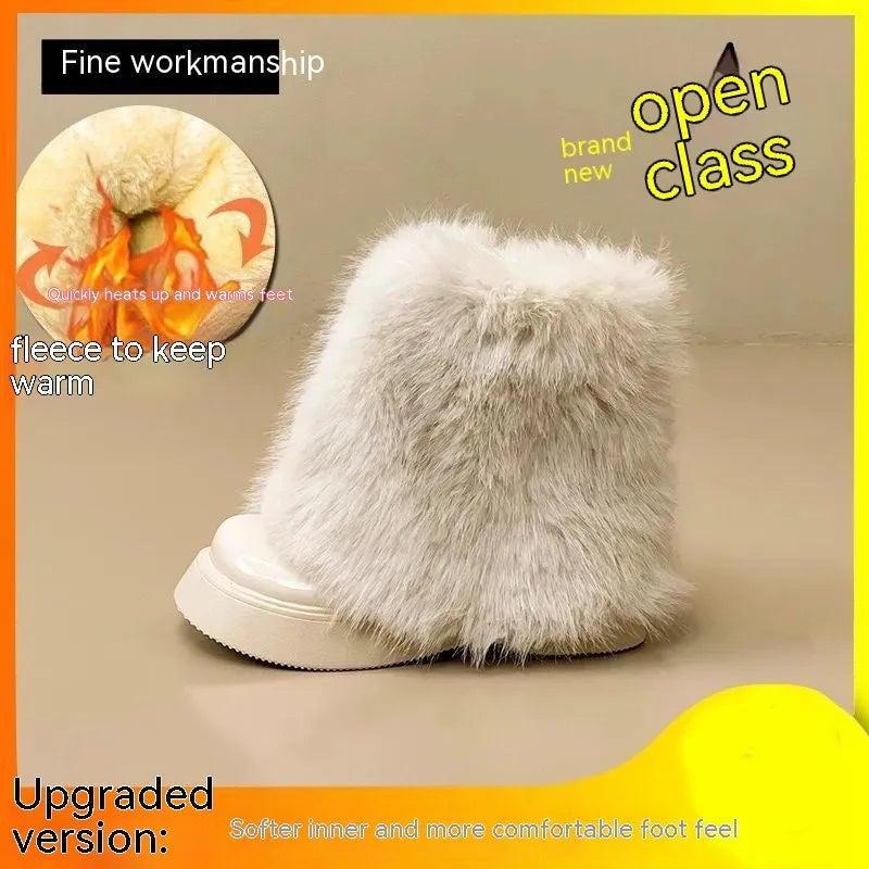 Women's snow boots with fleece lining, artificial plush upper, and rubber sole in black upgraded version