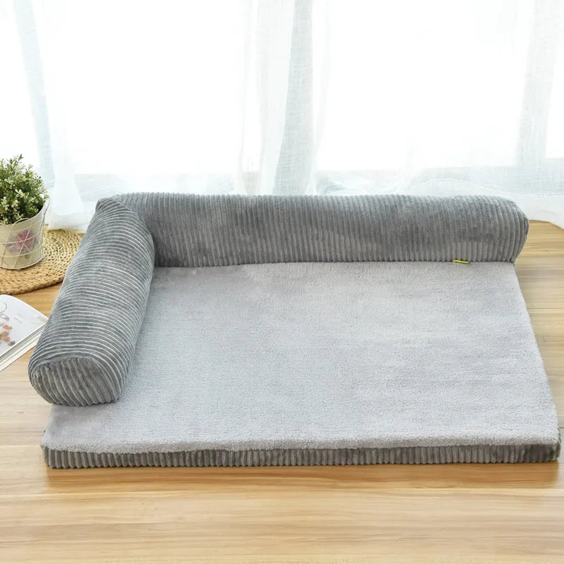 Corduroy dog bed with bolster sides in coffee colour on hardwood floor