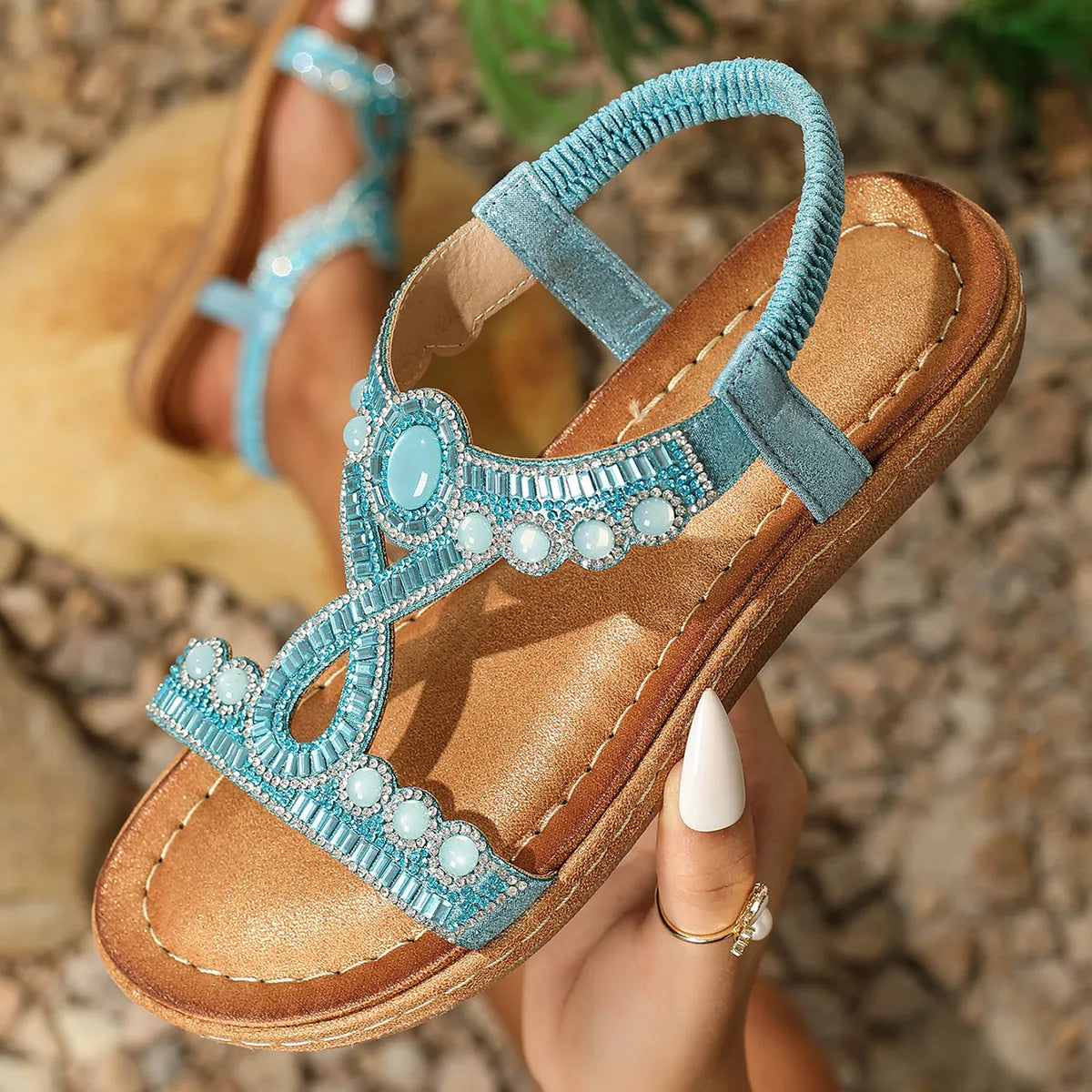 Women's frosted bohemian sandals with rhinestone decoration, elastic band, and solid colour PU upper