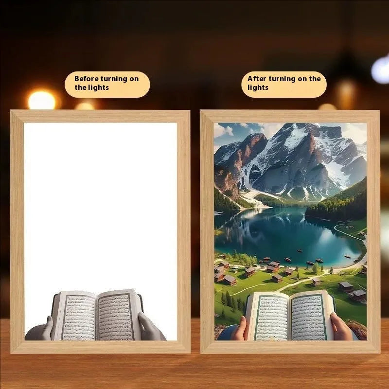 Handmade rectangular LED light painting photo frame showing a spiritual cross design, with USB cable.