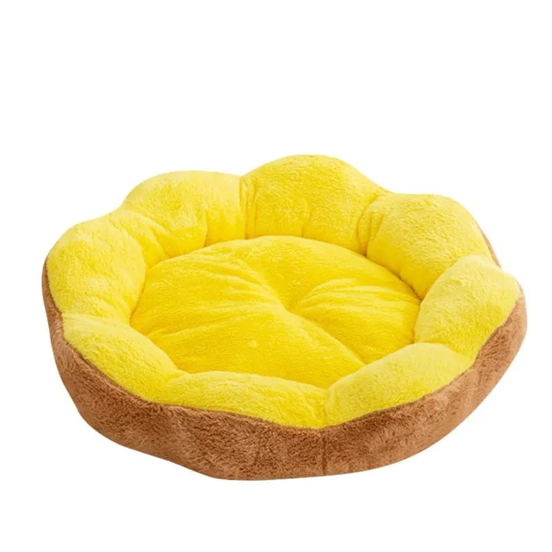 Round cat pet bed with thick rabbit plush material in yellow brown colour showing detachable design