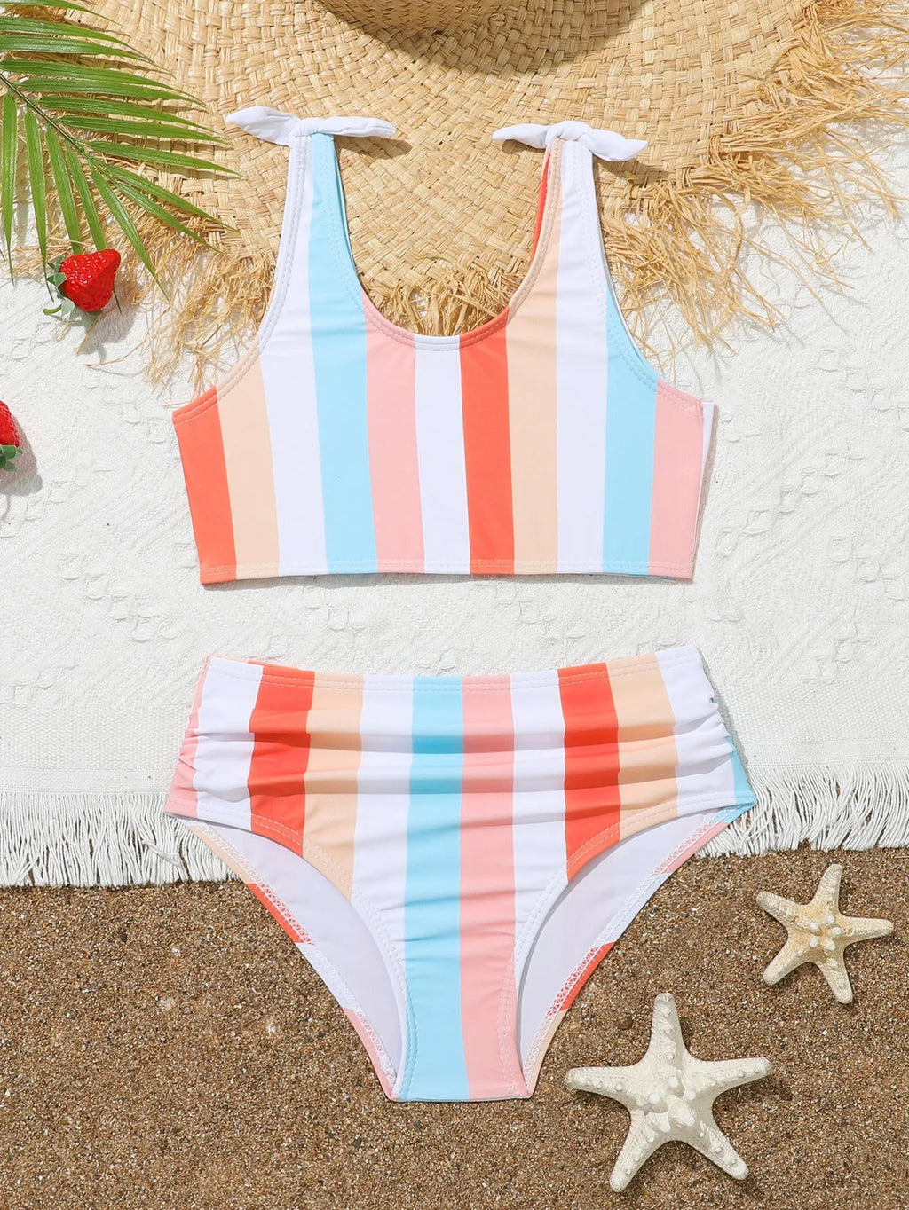 Girls' colourful plaid print swimsuit set with bra and briefs for swimming