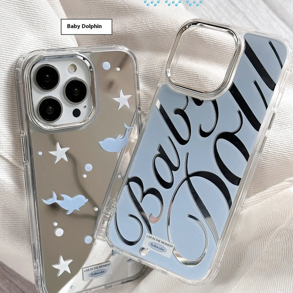 Blue transparent iPhone case with mirror finish showing English letters on back