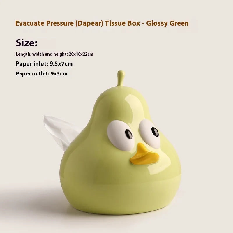 White porcelain ceramic tissue box with pear shape and animal-themed decorative design