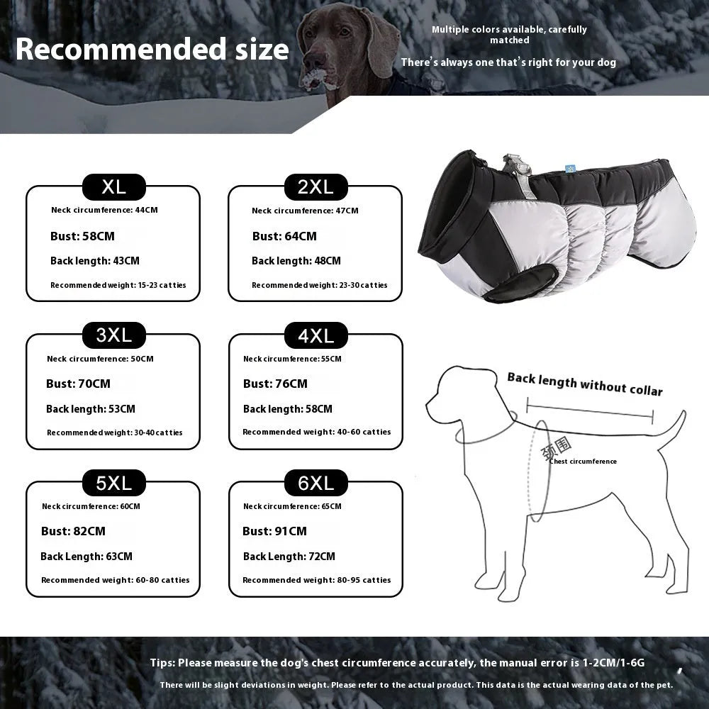 Large dog wearing a waterproof winter coat with reflective strips and polar fleece lining