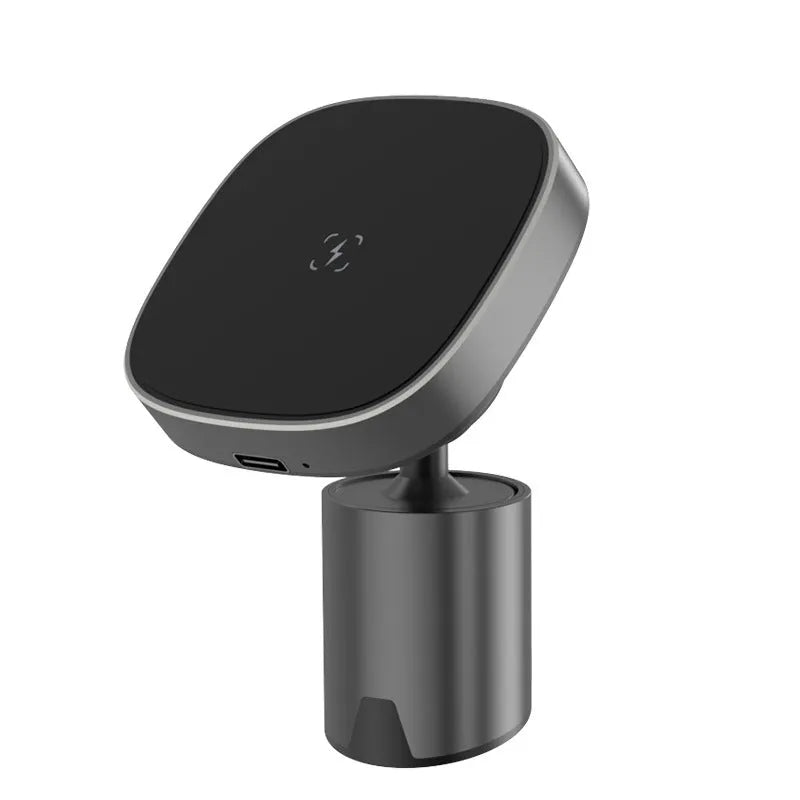 Grey magnetic wireless car phone charger holder for iPhone 12 series on dashboard