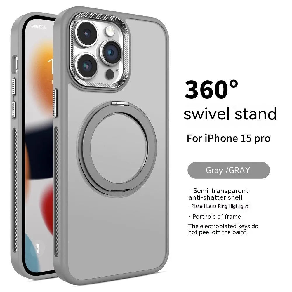 Frosted silicone iPhone case with a rotating stand extended and a magnetic ring on the back.