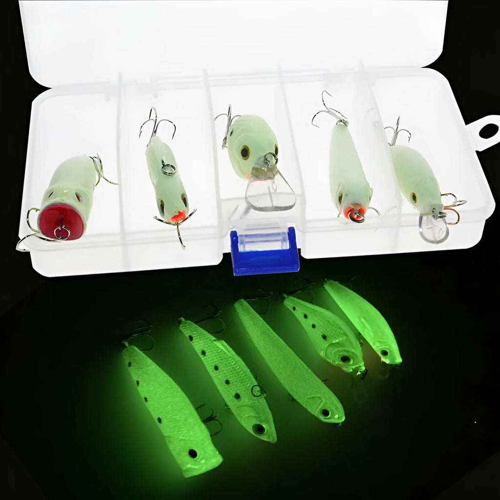 Set of 5 fluorescent hard bait fishing lures with luminous effect for predator angling