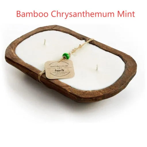 Retro wooden basin containing a soy wax aromatherapy candle with three wicks.