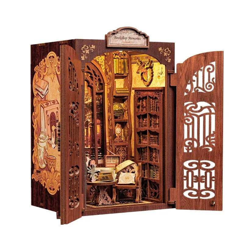 Owl Bookstore DIY wooden 3D stereo hand-assembled building model with flashing light in colour box packaging
