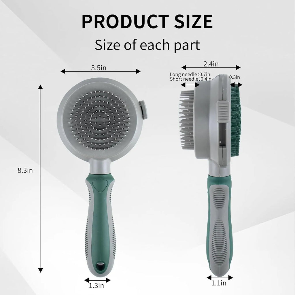 Green two-sided cat brush with retractable slicker and silicone massage pins on plastic handle