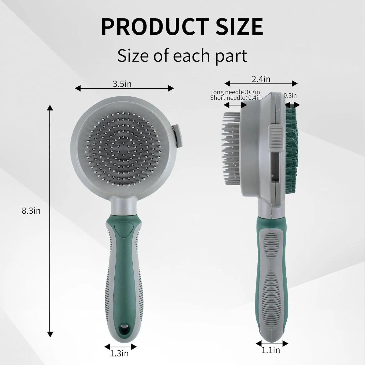 Green two-sided cat brush with retractable slicker and silicone massage pins on plastic handle
