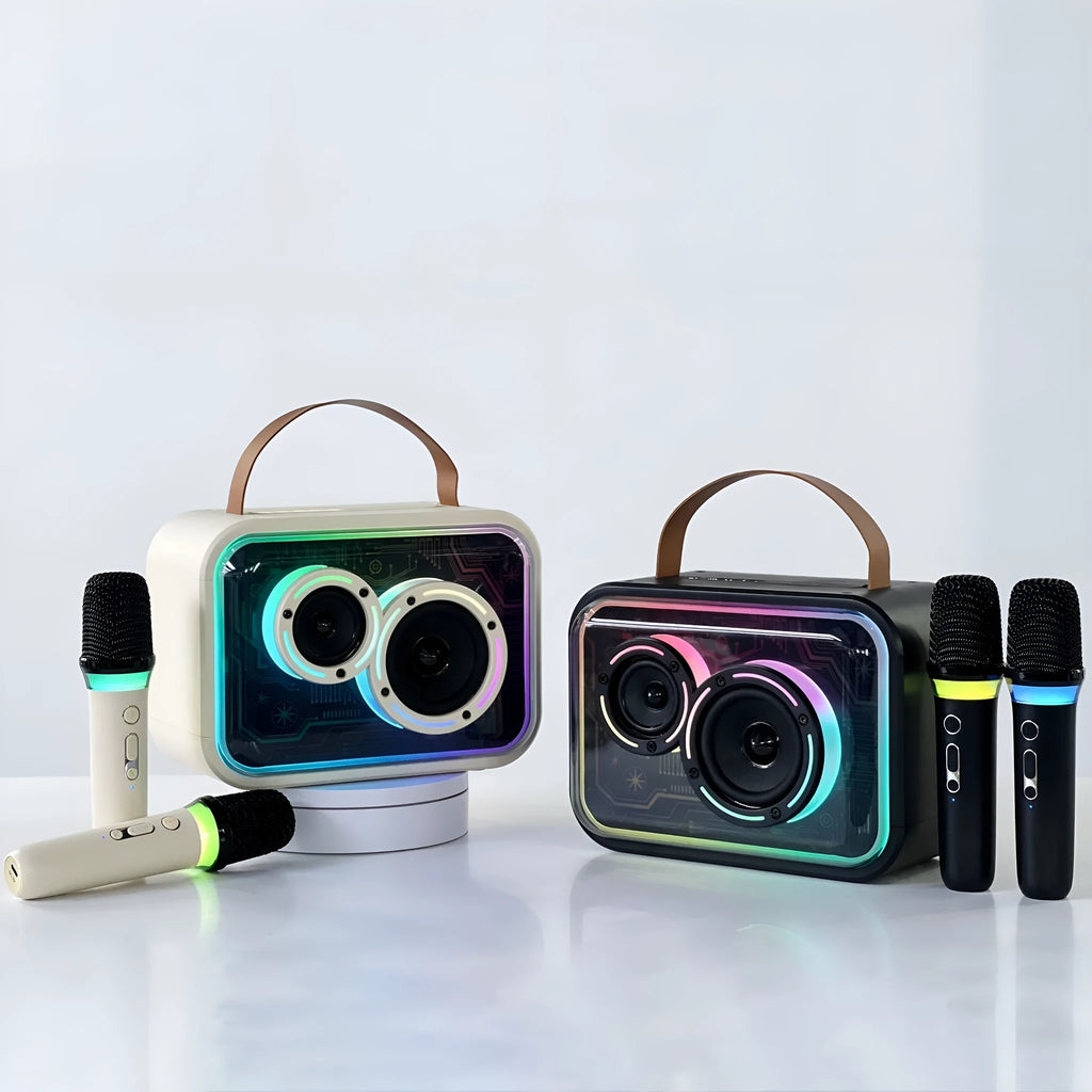 Light yellow and black Bluetooth karaoke speaker with RGB lighting and microphone options