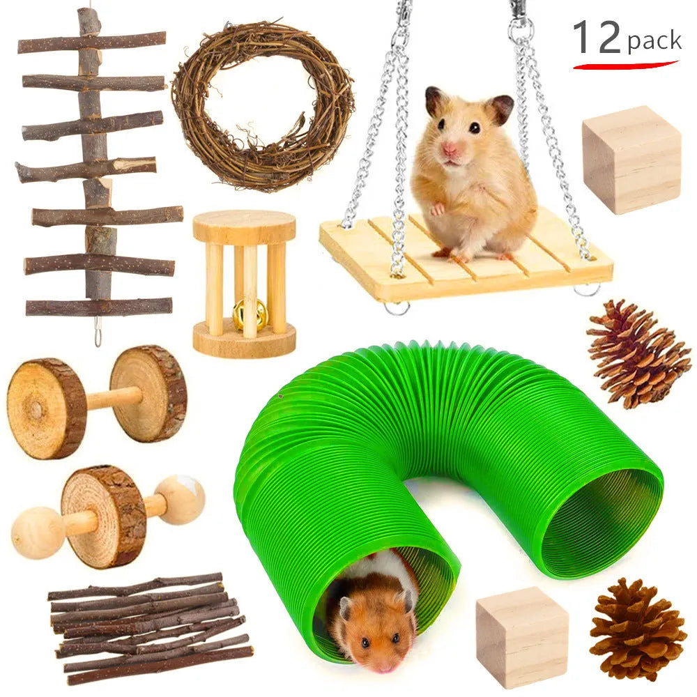 Wooden pet toy set with straw mats and woven balls for rabbits and guinea pigs
