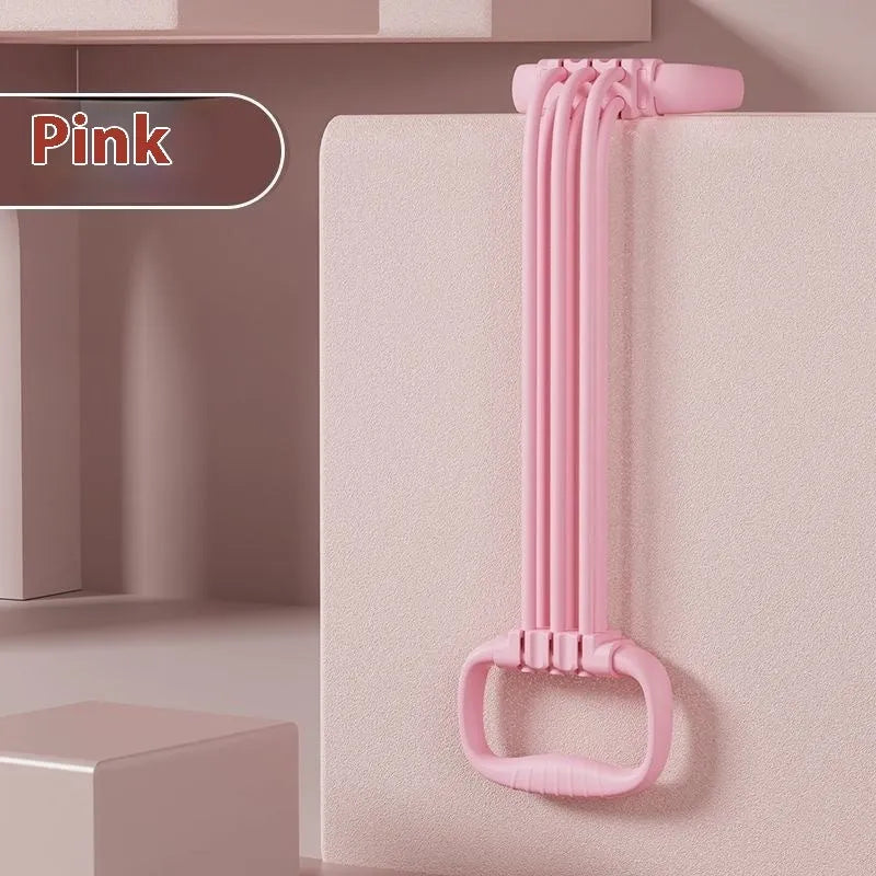 Women's adjustable chest expander with TPE tensile rope in blue, pink, or purple colours showing six resistance gears