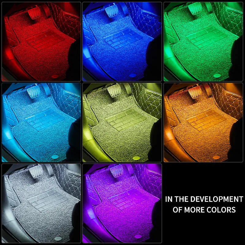 Universal car footwell LED atmosphere light strip with voice and app control for eight colours.
