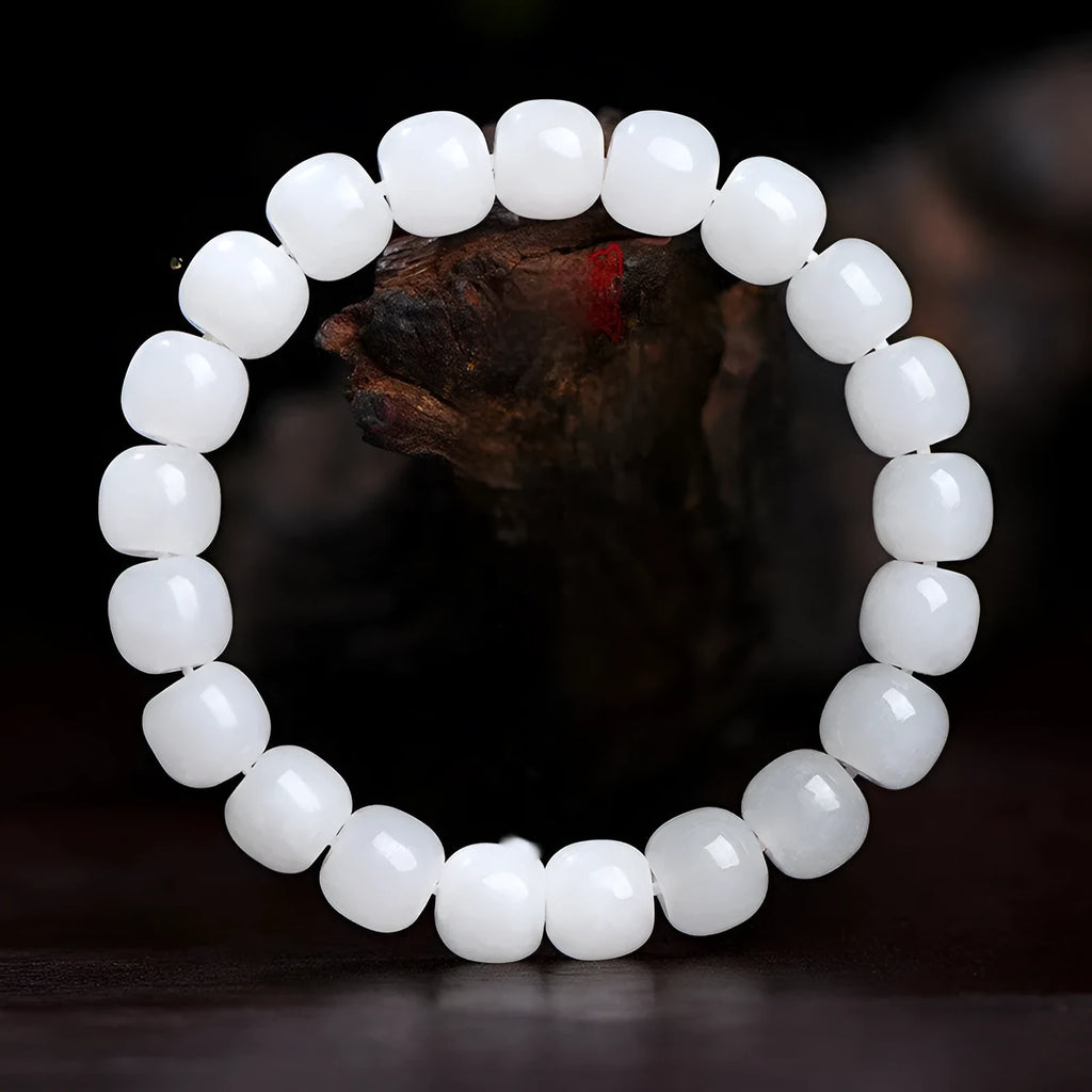 White jade barrel beads bracelet on wrist, Hetian jade, unisex casual style