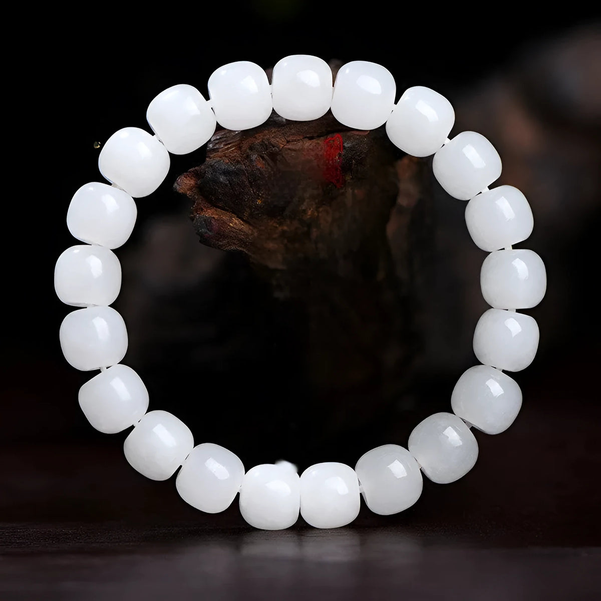 White jade barrel beads bracelet on wrist, Hetian jade, unisex casual style