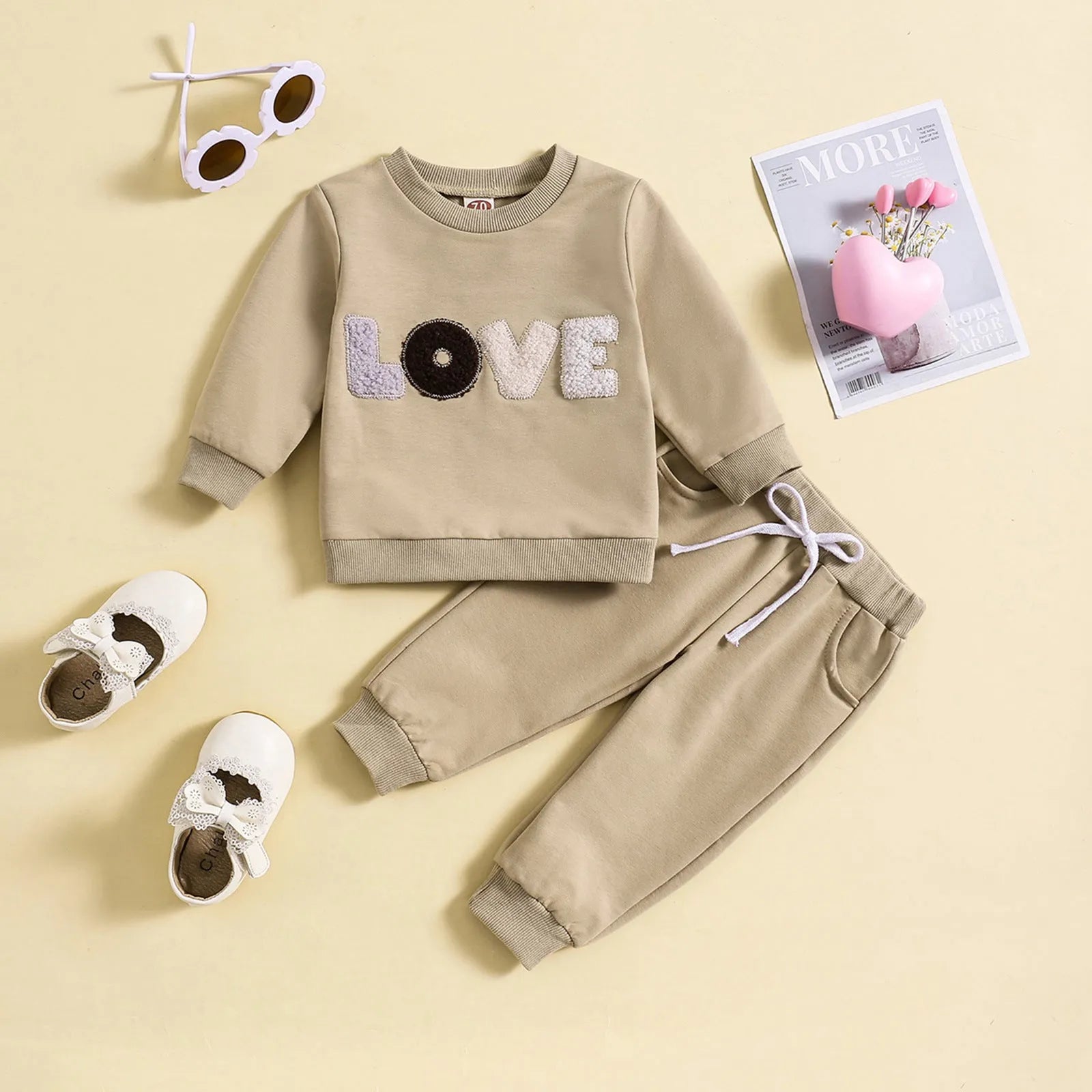 Boys and girls spring autumn cotton suit in apricot with cartoon print and letter design, top and trousers set for 70-110cm height